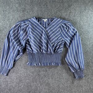 Habitual Girl Blouse Girls 16 Navy Blue White Striped Puff Sleeve Smocked Wrap